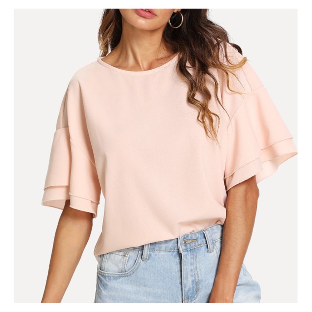 Pastel Light Pink Ruffle Layered Sleeve Solid Blouse